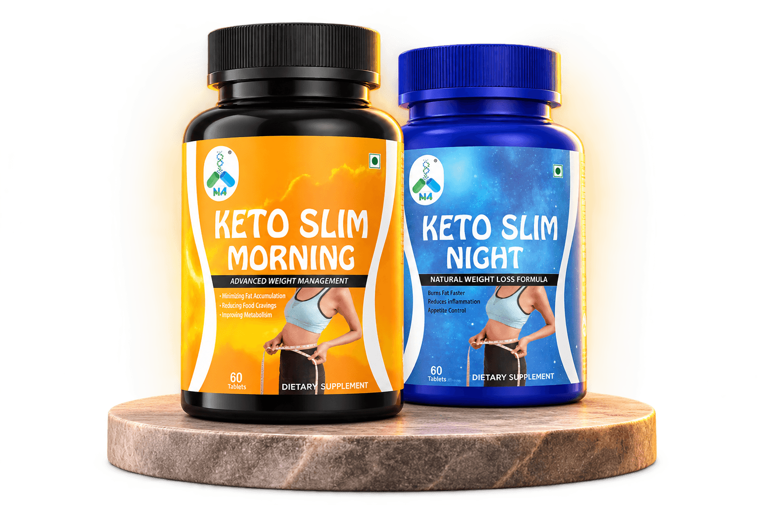 Keto Slim Morning and Keto Slim Night bottles side by side on a stone plinth